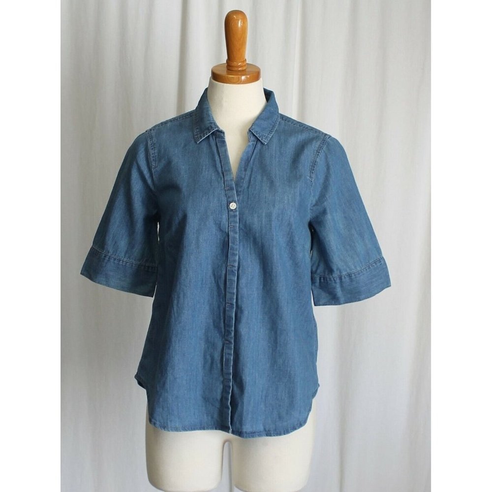 J Crew Short Sleeve Button Up Shirt In Chambray Indigo Blue Size PS NWT $70